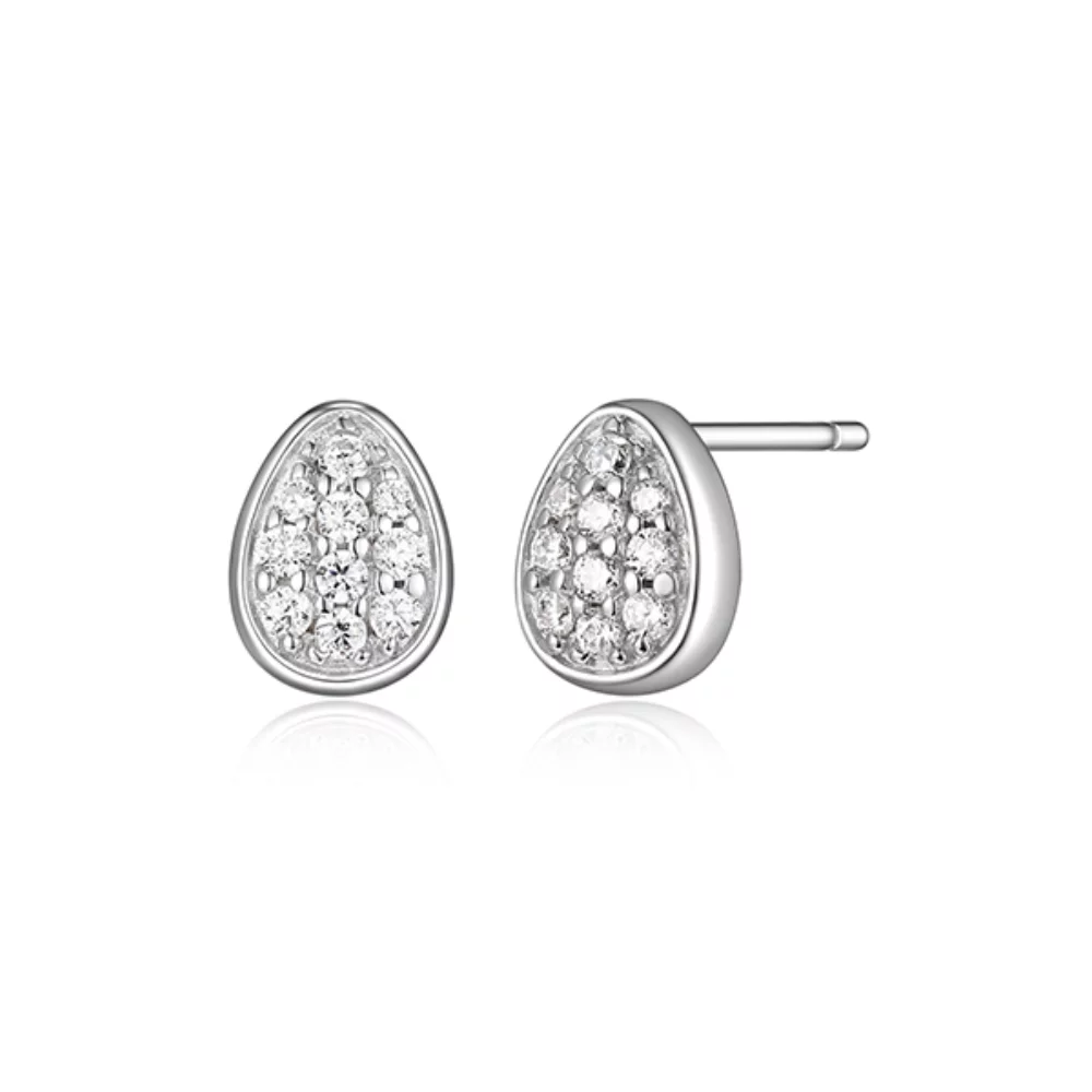 ELLE "Lake Mirror" Sterling Silver Oviform Pave Cubic Zirconia Stud Earrings - Silver