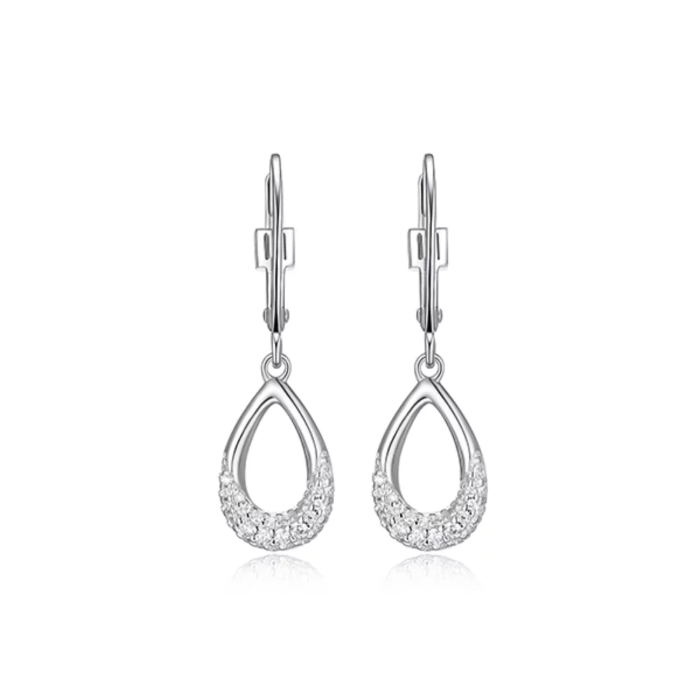 ELLE "Caramel" Pear Shape and Pave Cubic Zirconia Dangle Earrings - Silver