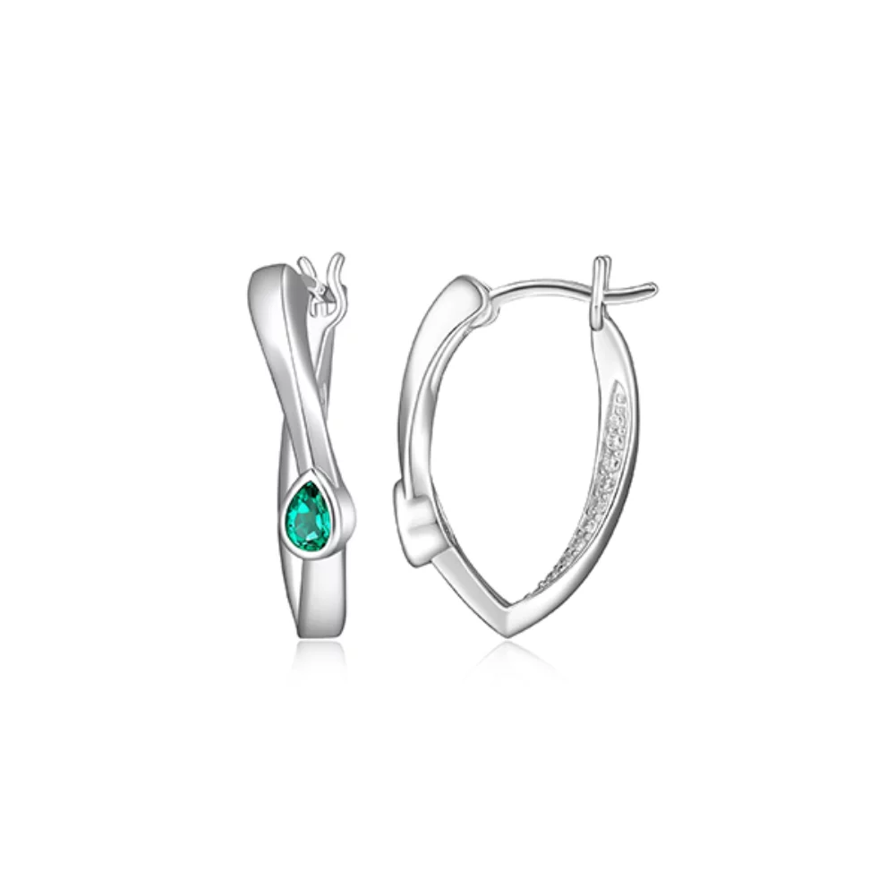 BOUCLES D'OREILLES "Swing" en émeraude et zircone cubique pavée en forme de poire torsadée - Argent