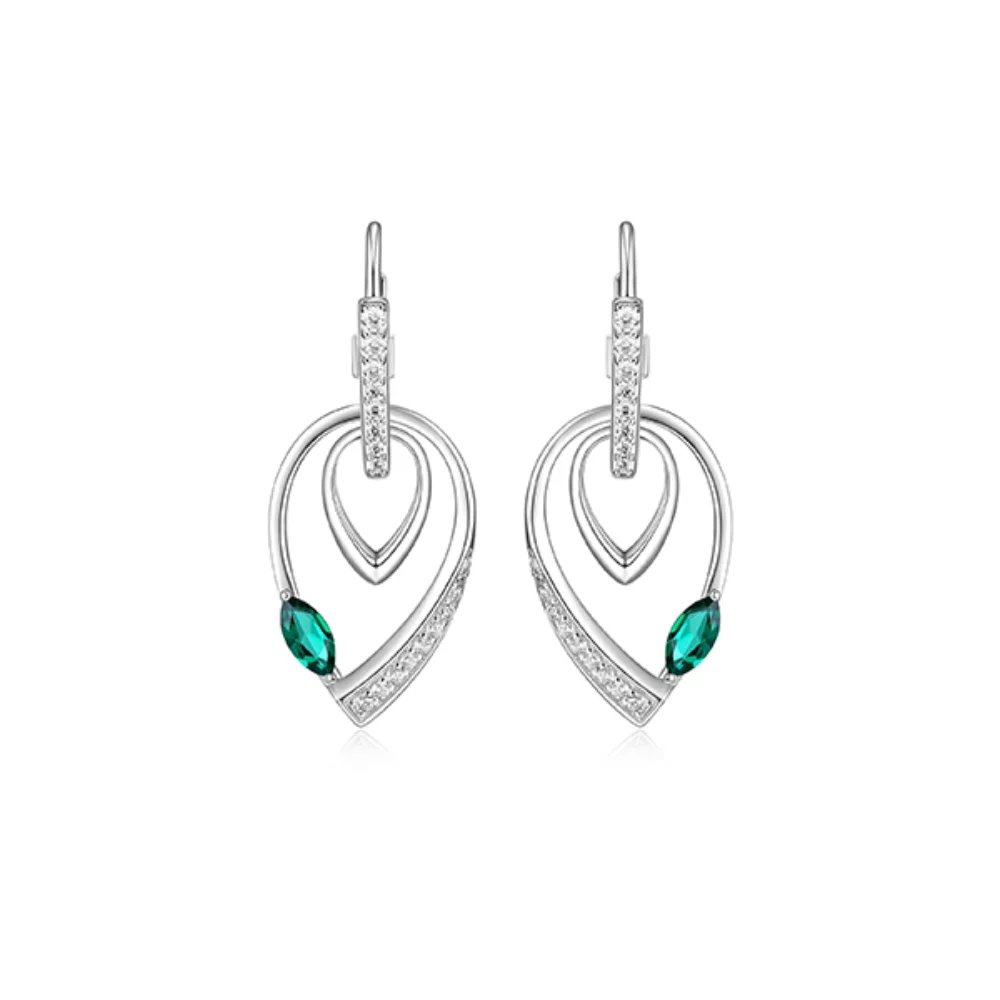 BOUCLES D'OREILLES PENDANTES EN FORME DE POIRE DOUBLE EN ÉMERAUDE ET ZIRCONIUM CUBIQUE PAVÉ - ARGENT