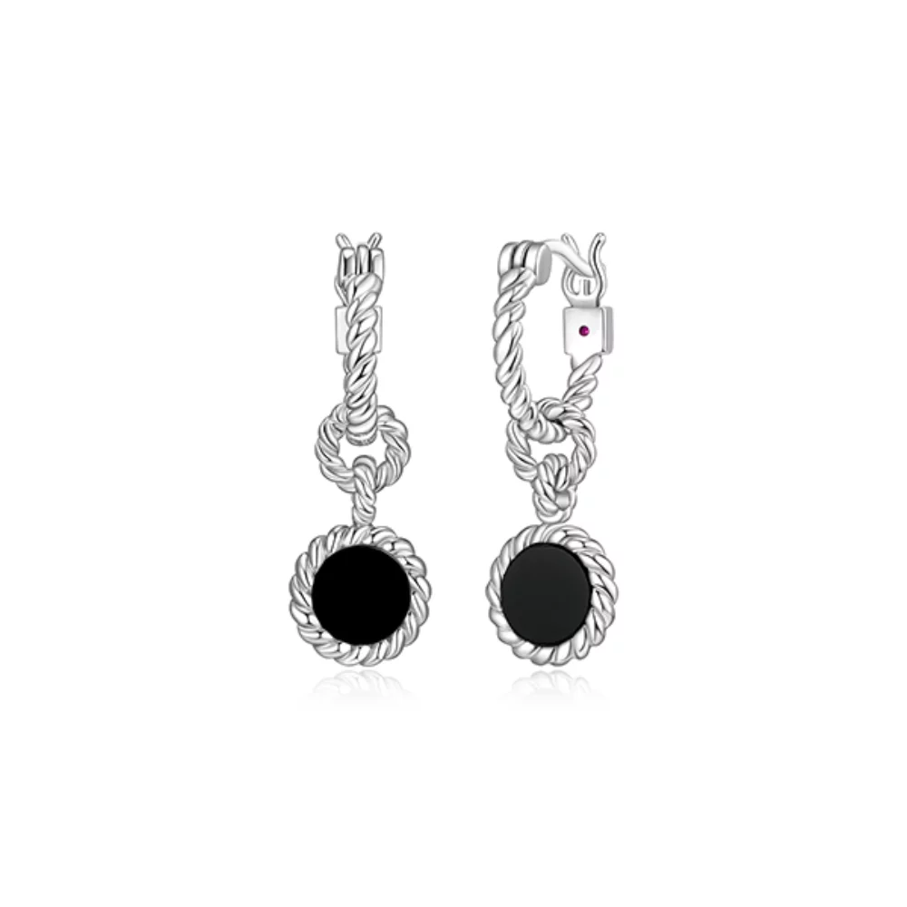 BOUCLES D'OREILLES "Nautiques" avec pendentif en agate de 6 mm et bordure en corde - Noir