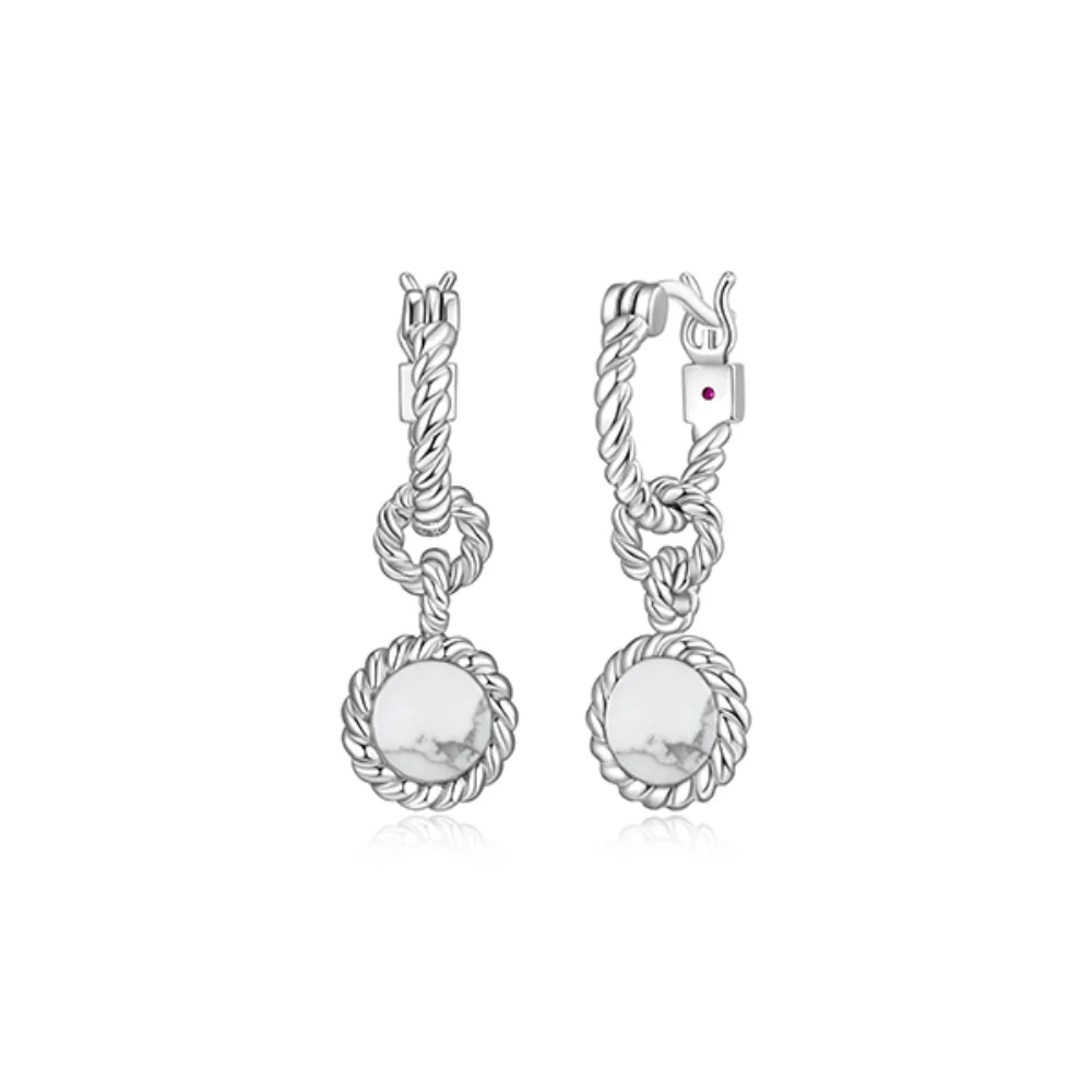 BOUCLES D'OREILLES "Nautiques" en howlite ronde de 6 mm avec bordure en corde - Argent