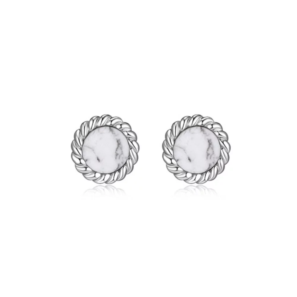 ELLE "Nautical" 6mm Round Howlite Drop with Rope Trim Stud Earrings - Silver