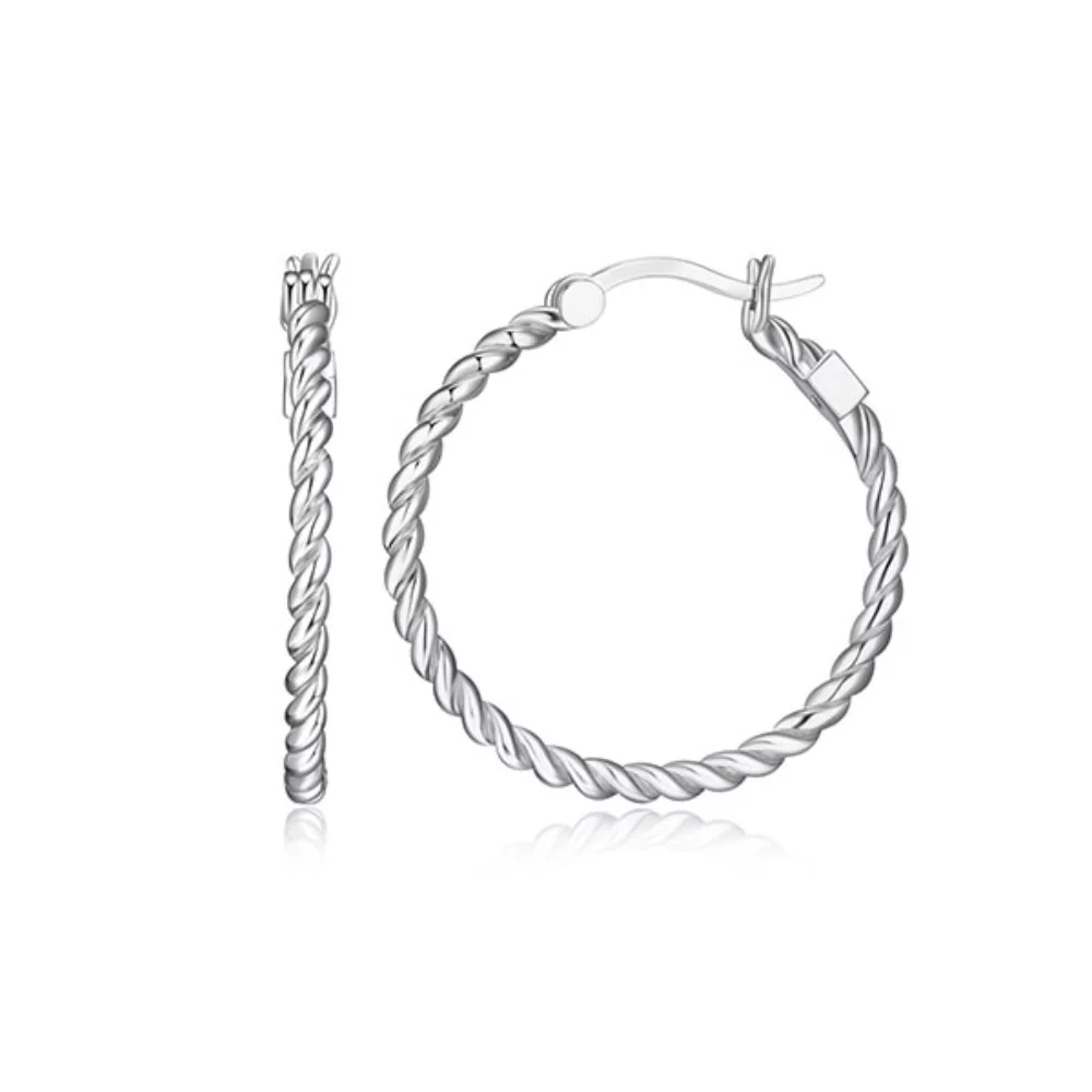 ELLE "Nautical" Rope Finish 27mm Round Hoop Earrings - Silver
