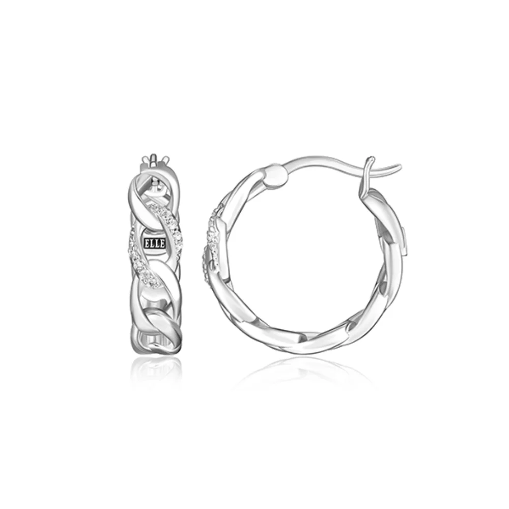 ELLE "Ovation" Sterling Silver link with Pave Cubic Zirconia Earrings - Silver