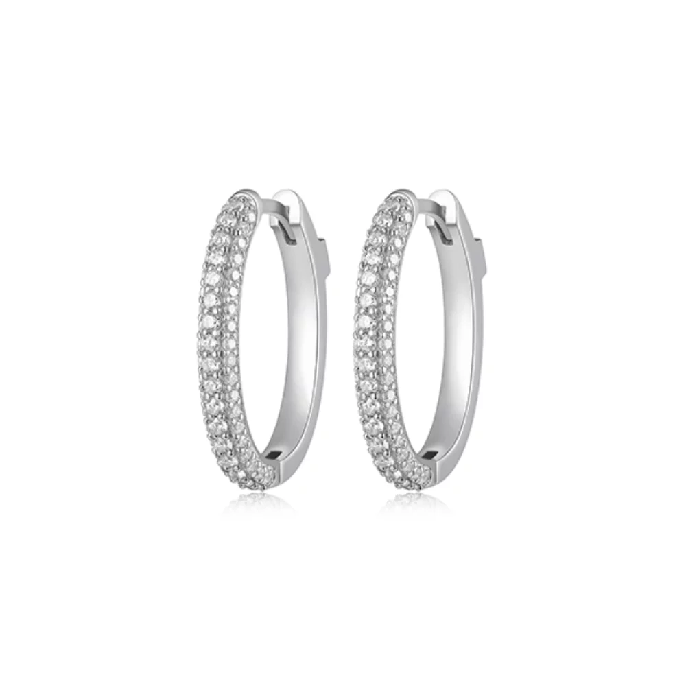 ELLE "Stardust" Oval Hoop Earrings with 3-Row Clear Cubic Zirconia - Silver
