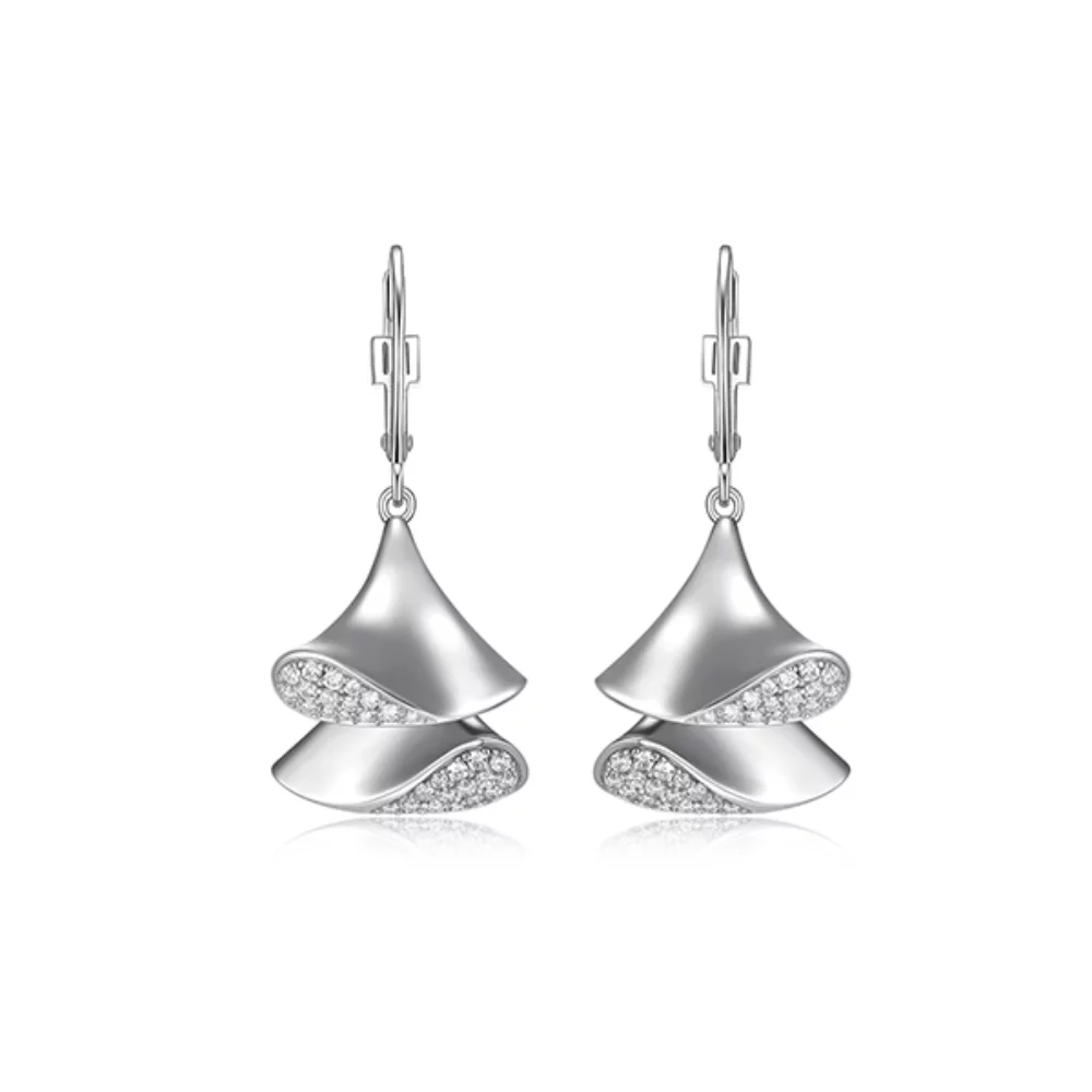 ELLE "Flamenco" Double Triangular Dangle with Cubic Zirconia Leverback Earrings - Silver