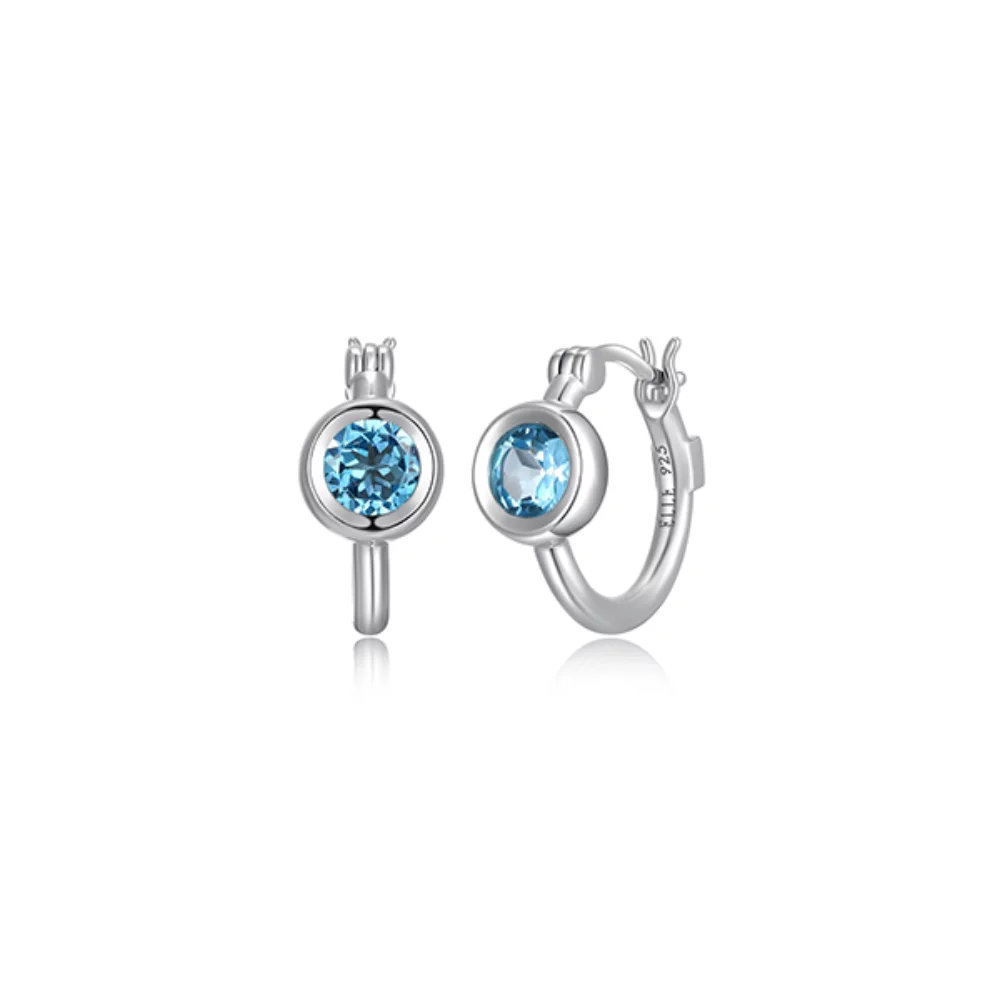 ELLE "Mirage" Hoop with Round Bezel Set Blue Topaz Earrings - Silver