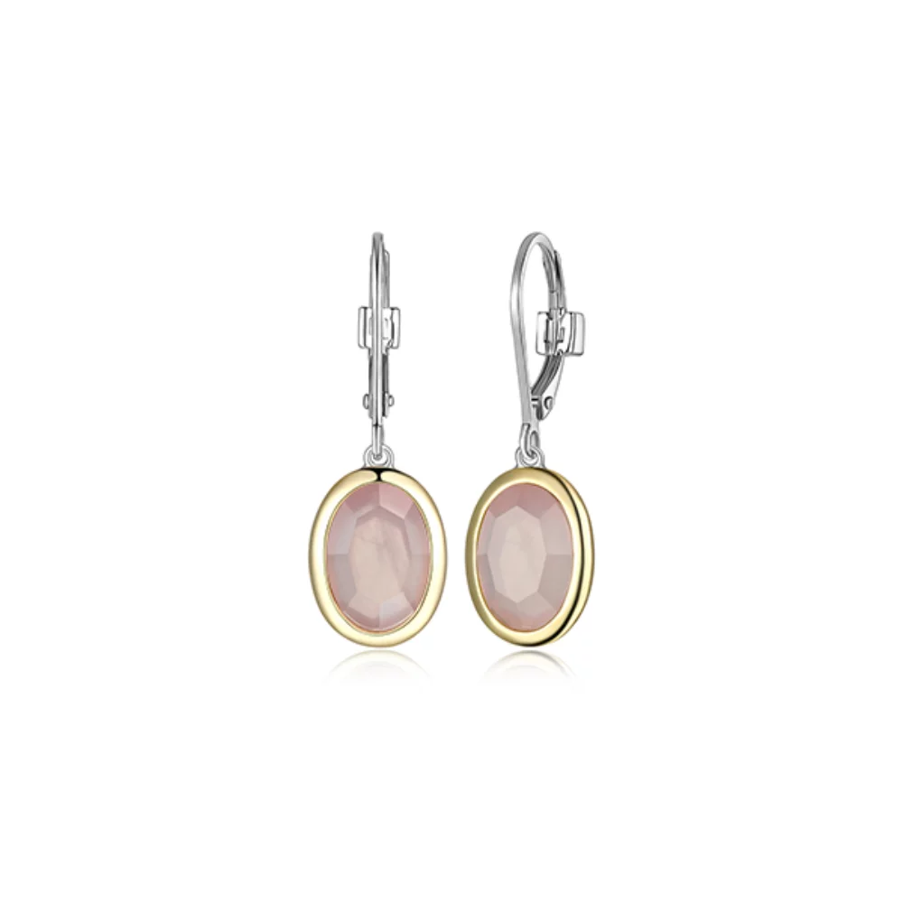 ELLE "Mirage" Rose Quartz in Bezel Set Drop Leverback Earrings - Silver and Gold
