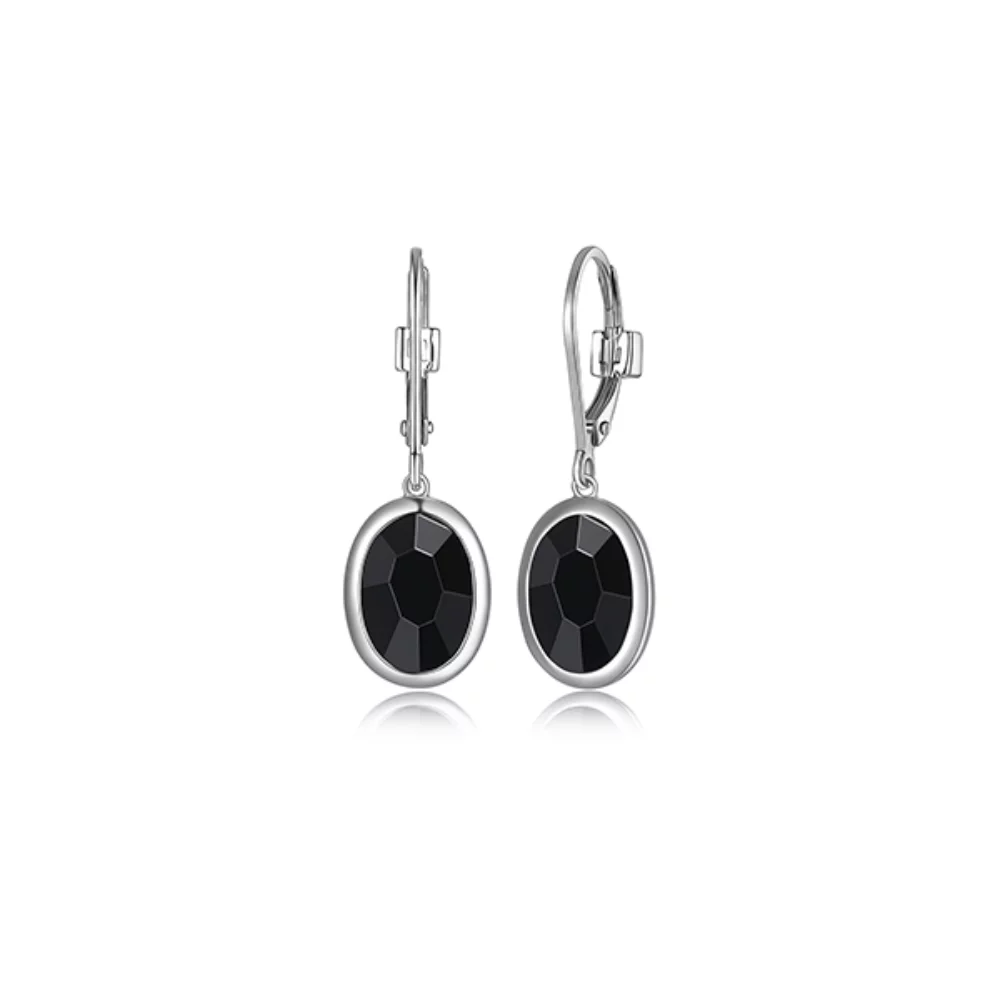 ELLE "Mirage" Oval Hematite in Bezel Set Drop Leverback Earrings - Silver