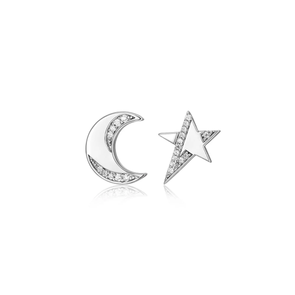 ELLE "Motif" Moon and Star with Cubic Zirconia Mismatched Stud Earrings - Silver