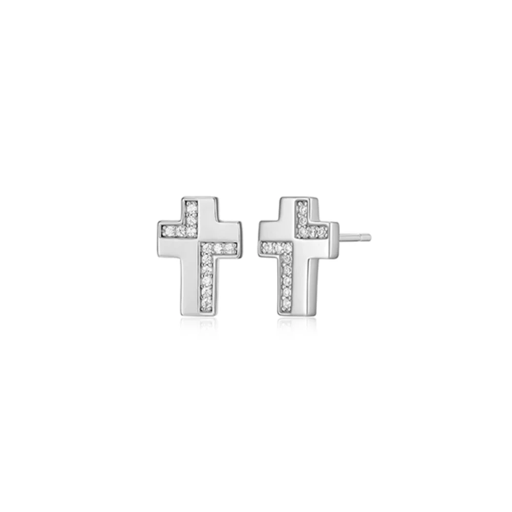 Boucles d'oreilles clou "Motif" croix avec zircone cubique - argent