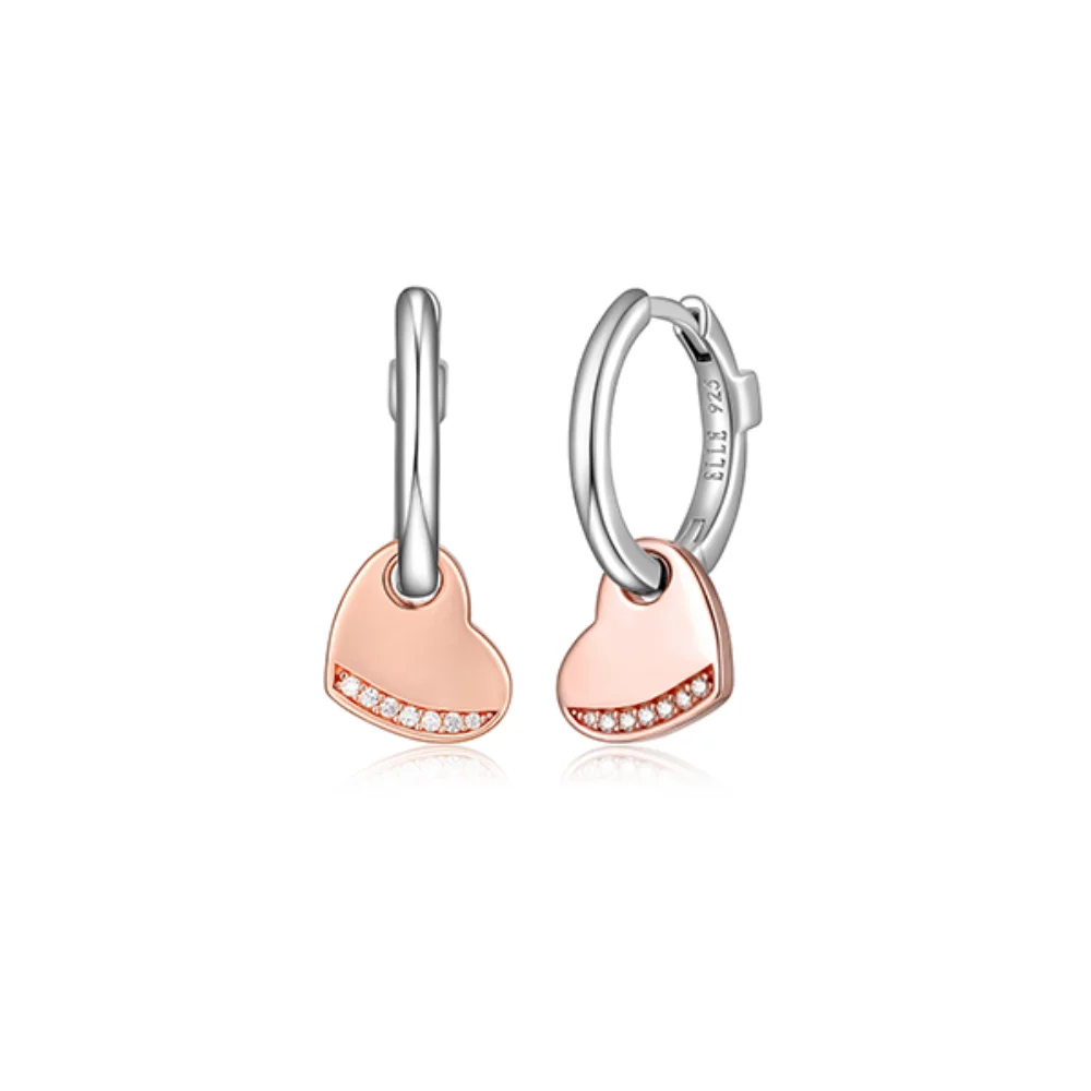 ELLE "Motif" 16mm Hoop and Heart with Cubic Zirconia Drop Earrings - Silver and Rose Gold