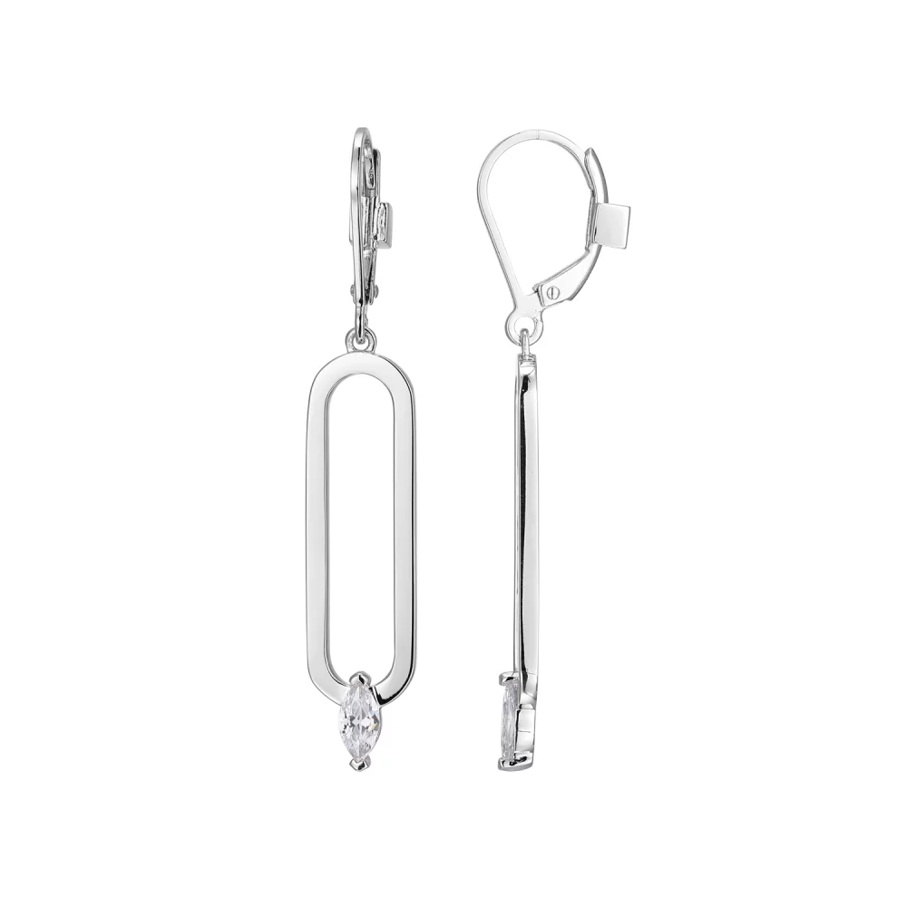 ELLE "Parallel" Open Oblong Dangle with Marquise Cubic Zirconia Lever Back Earrings - Silver