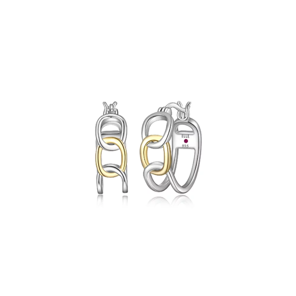 ELLE "Parallel" Two-tone Sterling Silver Open Oblong Link Hoops Earrings - Silver and Gold