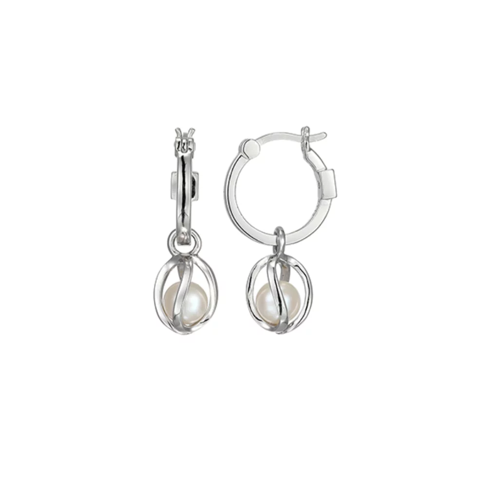 BOUCLES D'OREILLES Créoles "Luna" en argent sterling avec perle blanche et cage de 15 mm - Argent