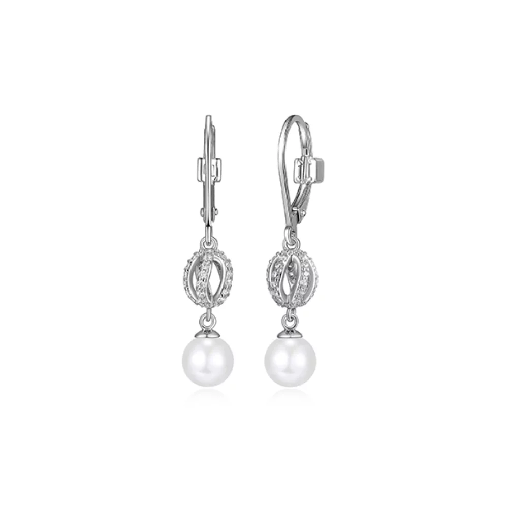 ELLE "Luna" Sterling Silver White Pearl and Cubic Zirconia Dangle Lever Back Earrings - Silver