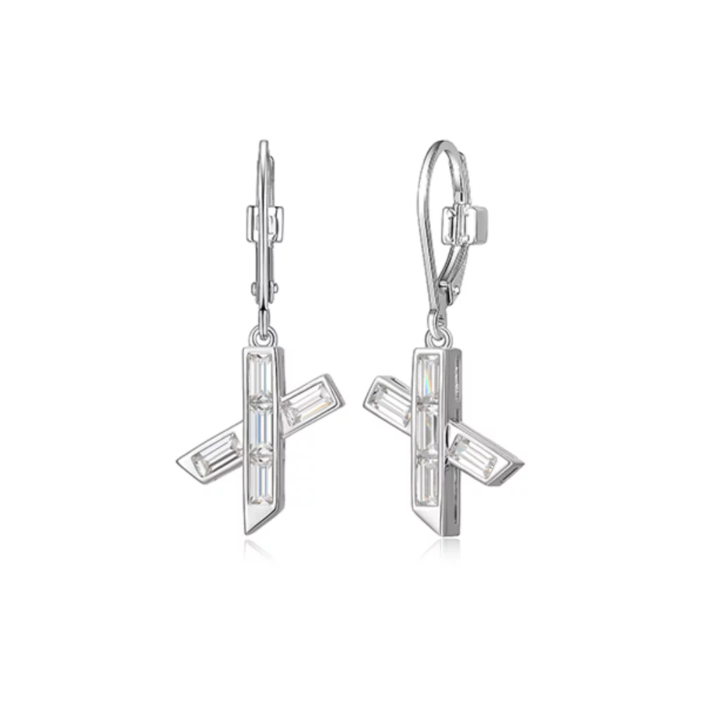 ELLE "Baguette" Straight Baguette Criss-Cross Lever Back Drop Earrings - White