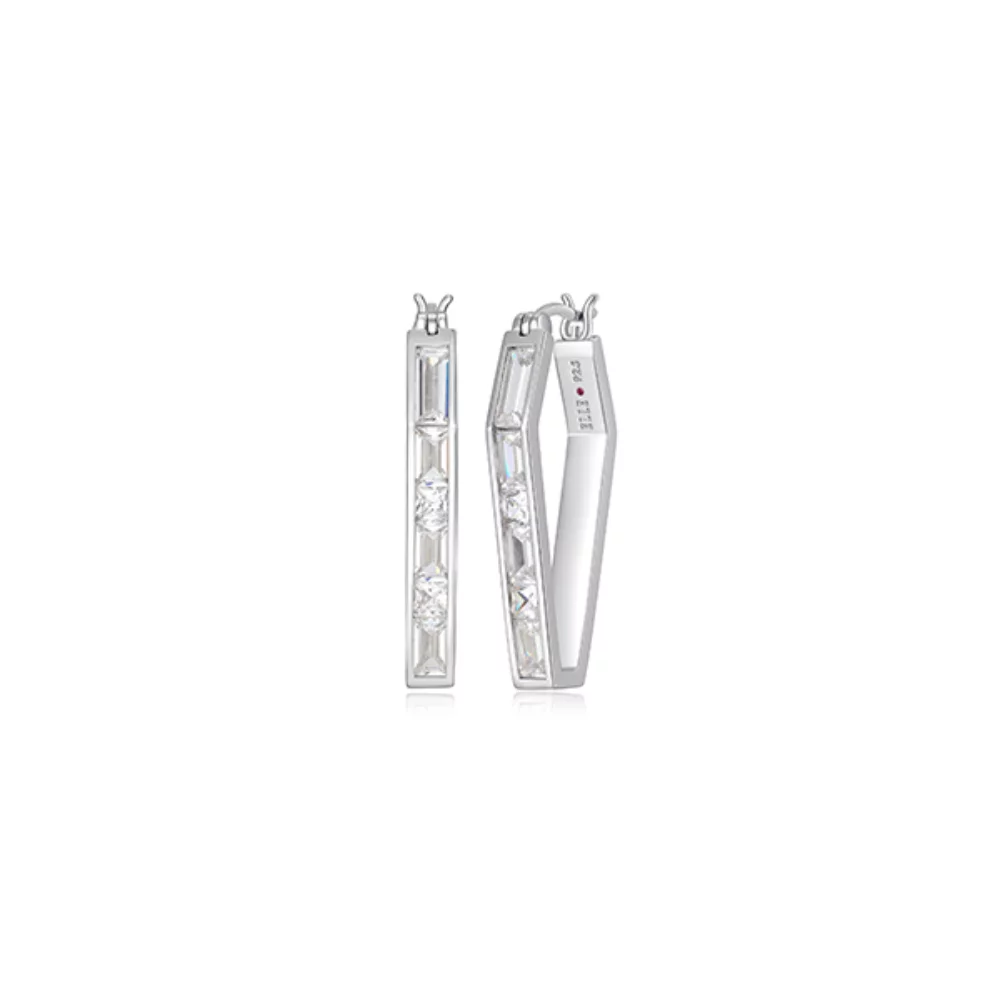 ELLE "Baguette" Baguette & Cubic Zirconia Elongated Hexagon Shape Hoop Earrings - Silver