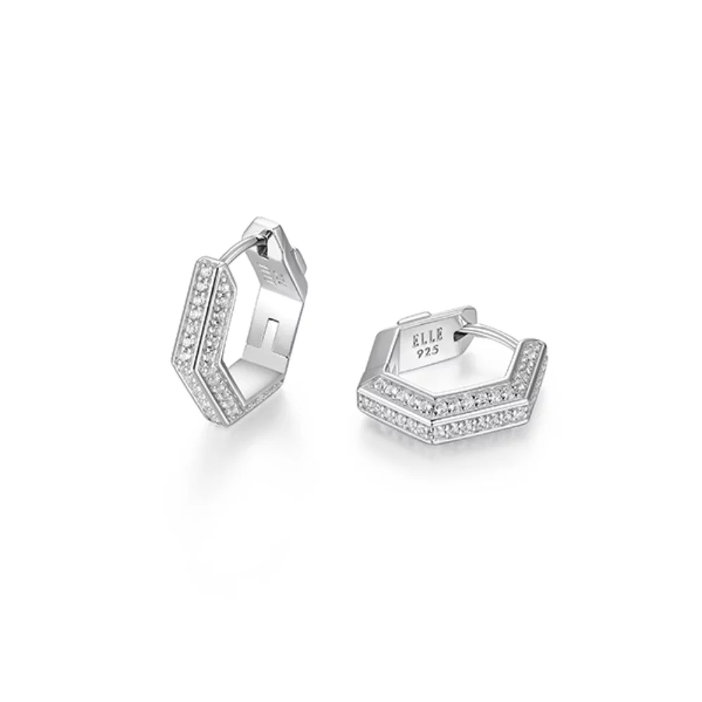 ELLE "Cheer" Created White Sapphire Hexagon Shape Hoop Earrings - Silver