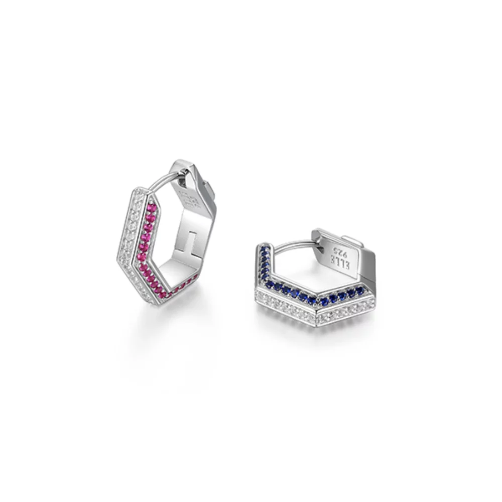 ELLE "Cheer" Created Sapphire, Ruby & White Sapphire Hexagon Shape Hoop Earrings - Silver