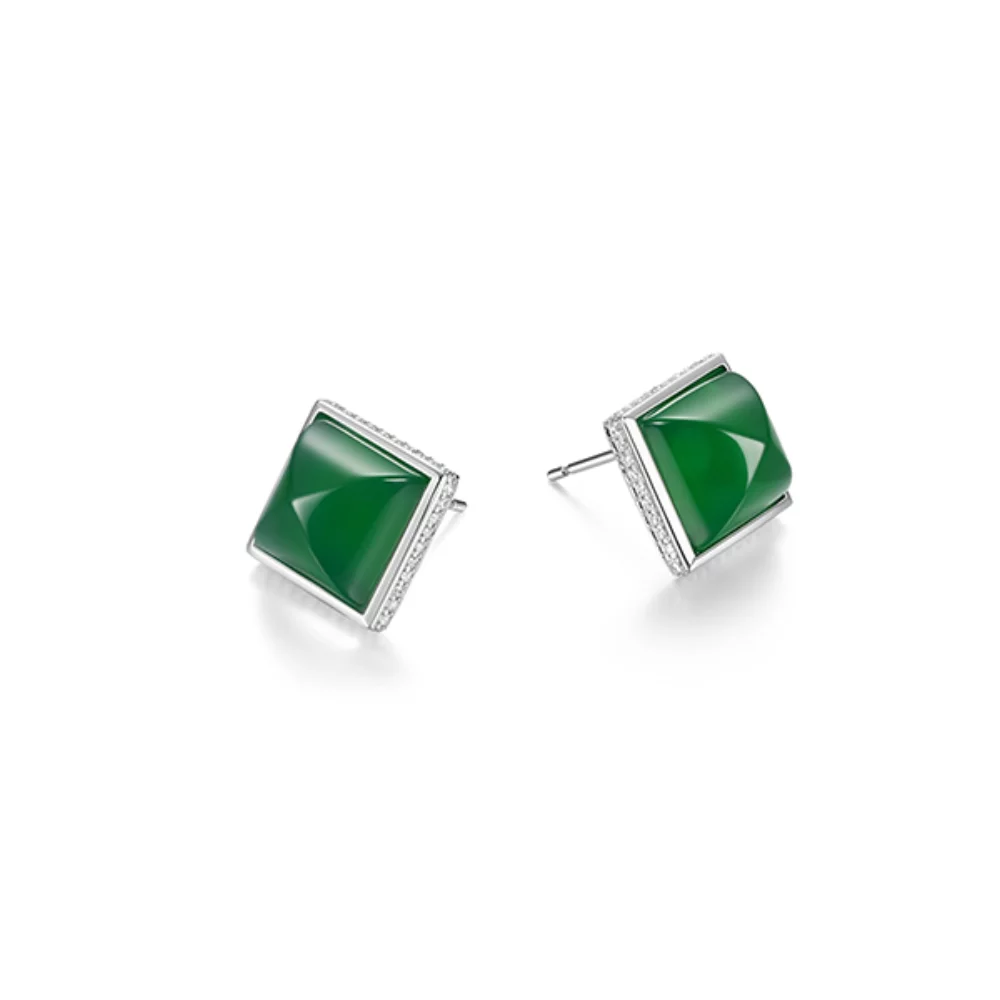 ELLE "Pivot" Genuine Light Green Agate & Cubic Zirconia Stud Earrings - Silver
