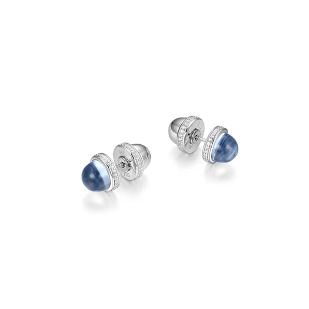 BOUCLES D'OREILLES "Pivot" en quartz synthétique bleu foncé et zircone cubique réversible - Argent