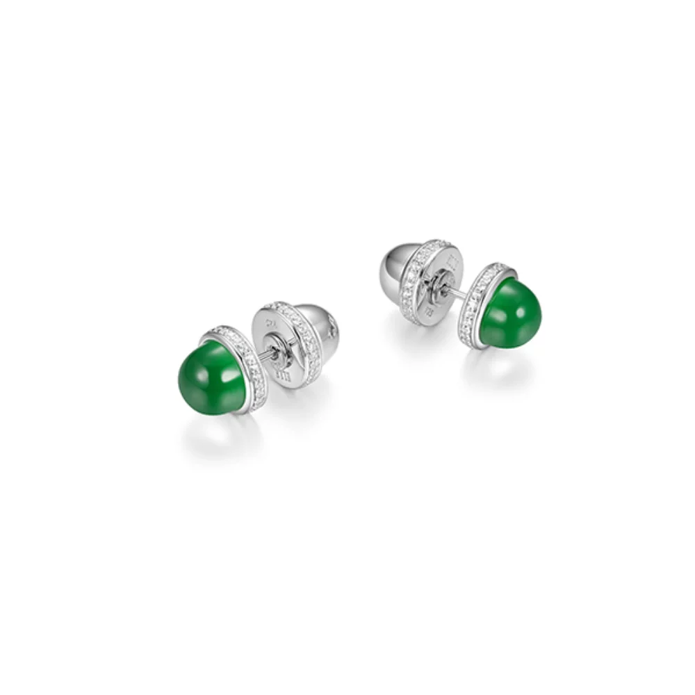 ELLE "Pivot" Genuine Light Green Agate & Cubic Zirconia Reversible Stud Earrings - Silver