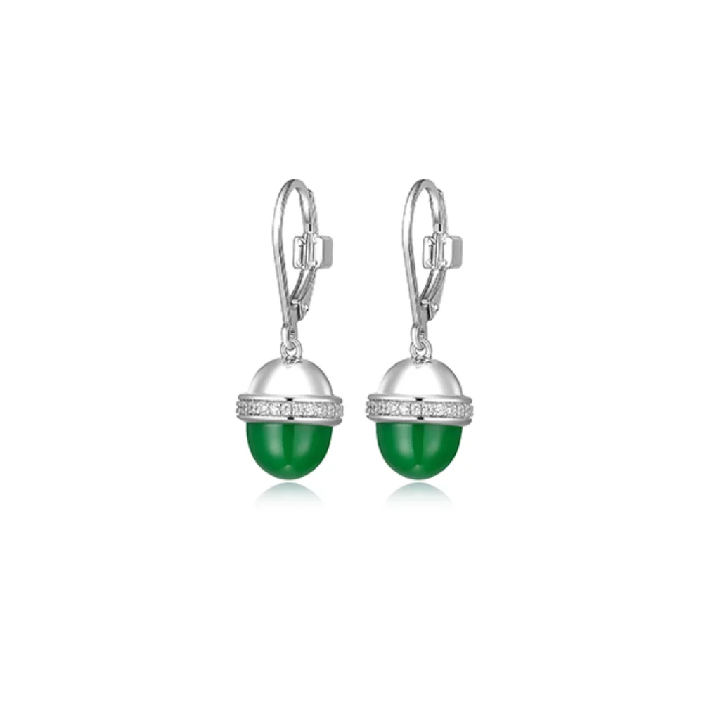 ELLE "Pivot" Genuine Light Green Agate & Cubic Zirconia Lever Back Drop Earrings - Silver