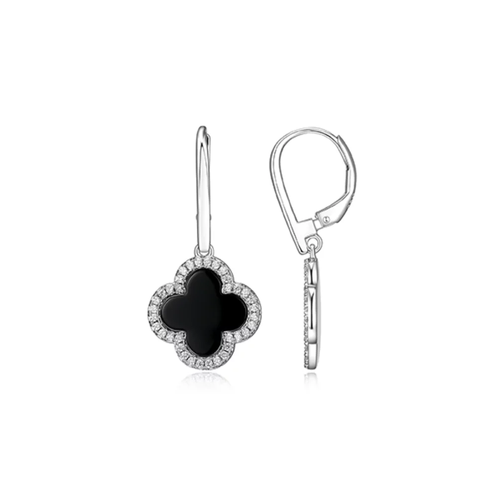 Charles Garnier Sterling Silver "Bliss" Black Agate with CZ Clover Leverback Earrings - Silver