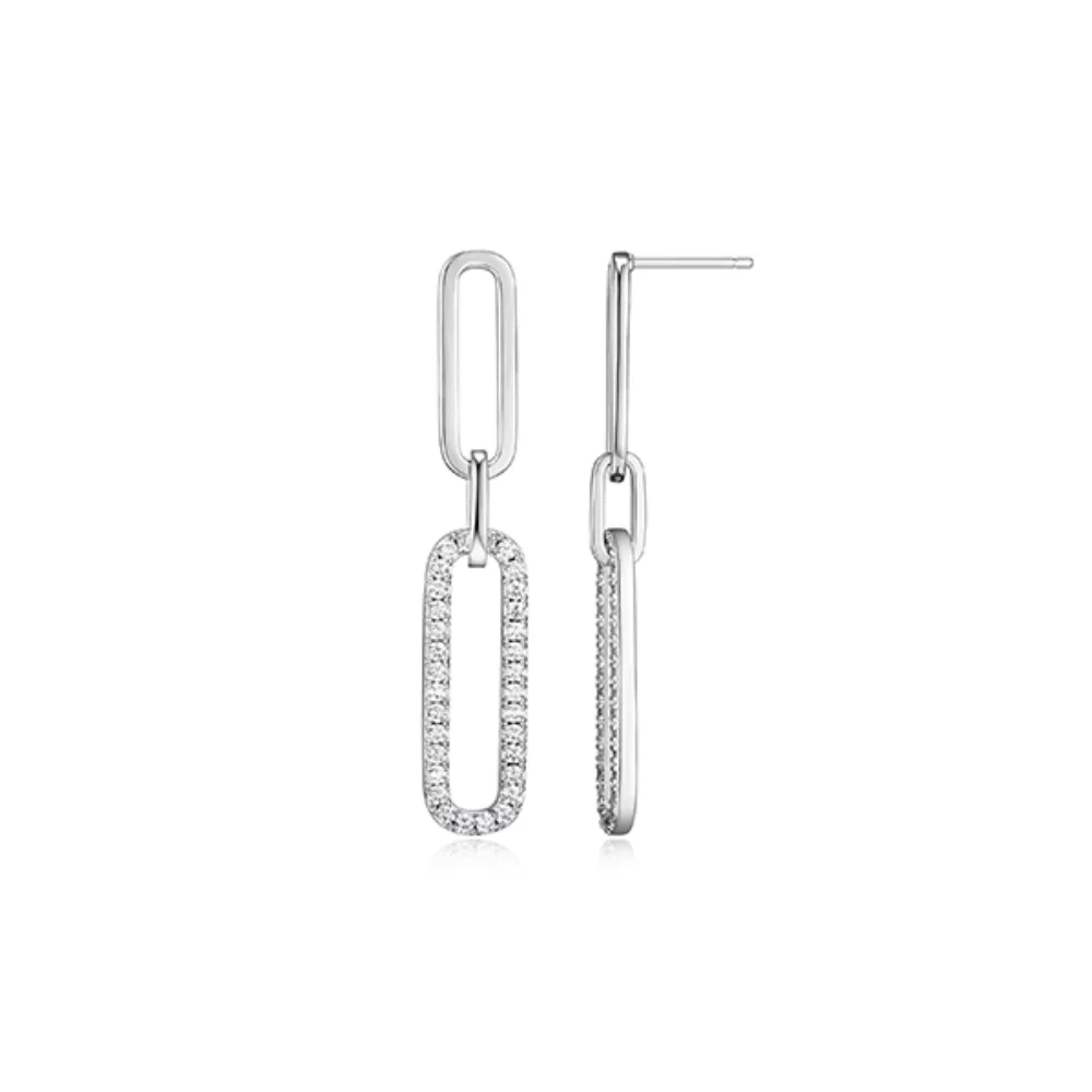 Charles Garnier Sterling Silver "Paperclip" Link with Cubic Zirconia Earrings - Silver