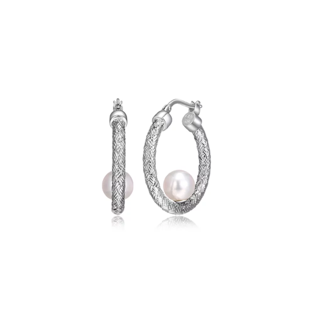 Boucles d'oreilles cercle en maille en argent sterling Charles Garnier "Venus" avec perle blanche - argent