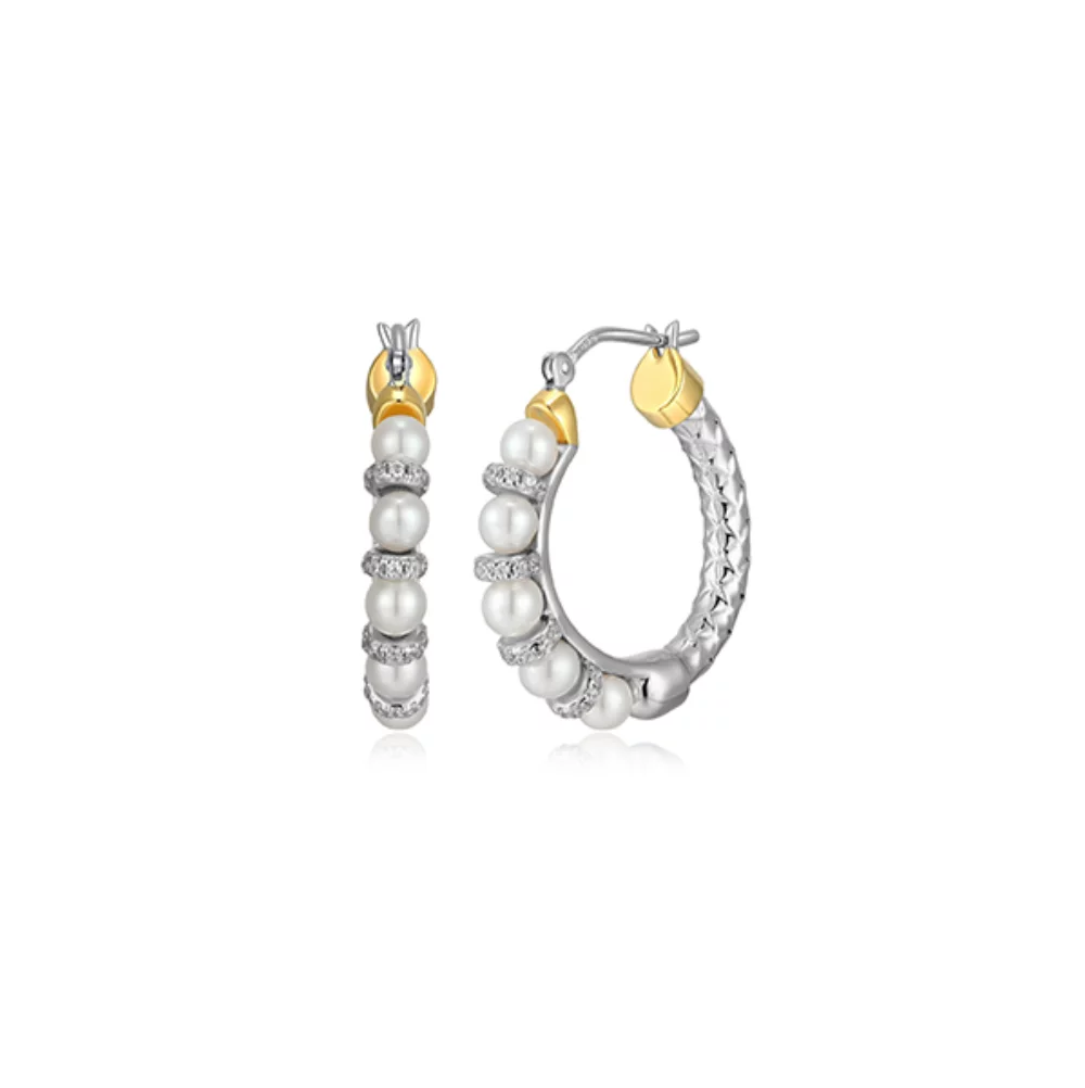 Charles Garnier Sterling Silver "New Mesh" Genuine Pearl & CZ Hoop Earrings - Silver and Gold
