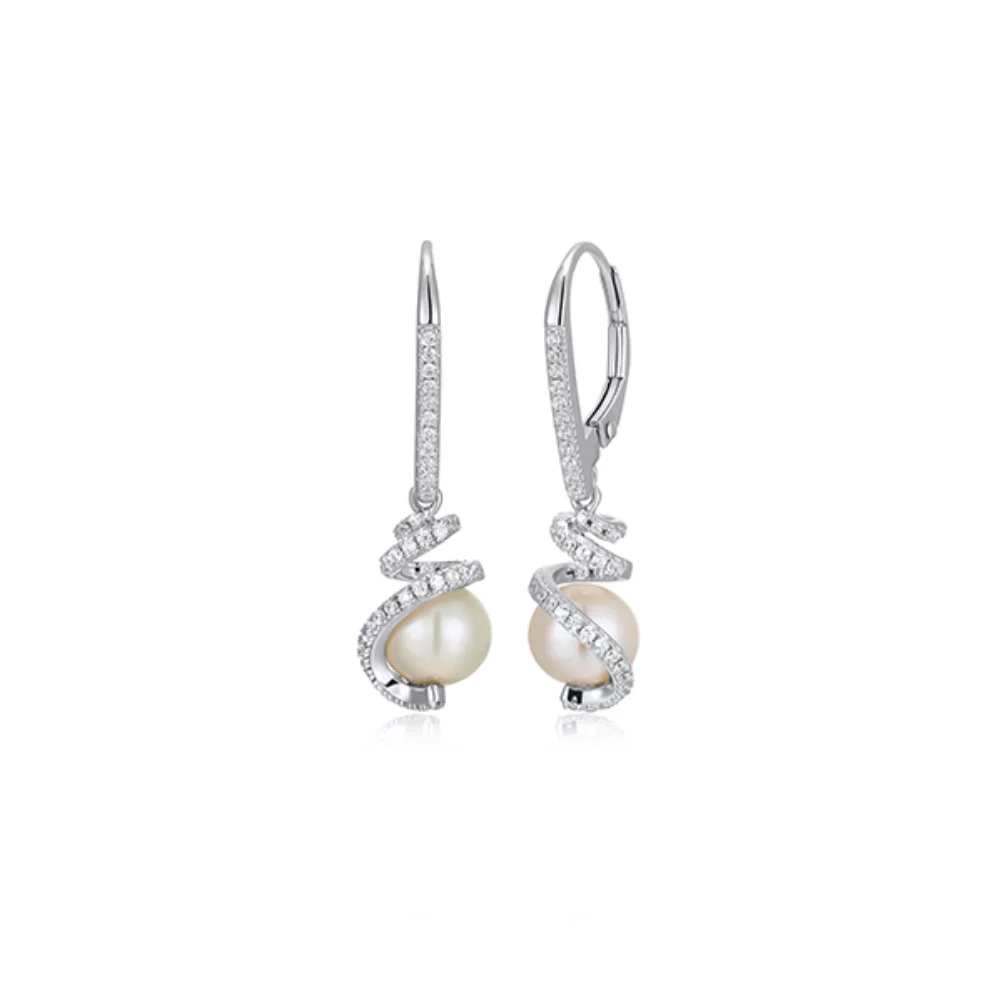 Boucles d'oreilles pendantes en argent sterling Charles Garnier "New Mesh" avec perles véritables et zircons - argent