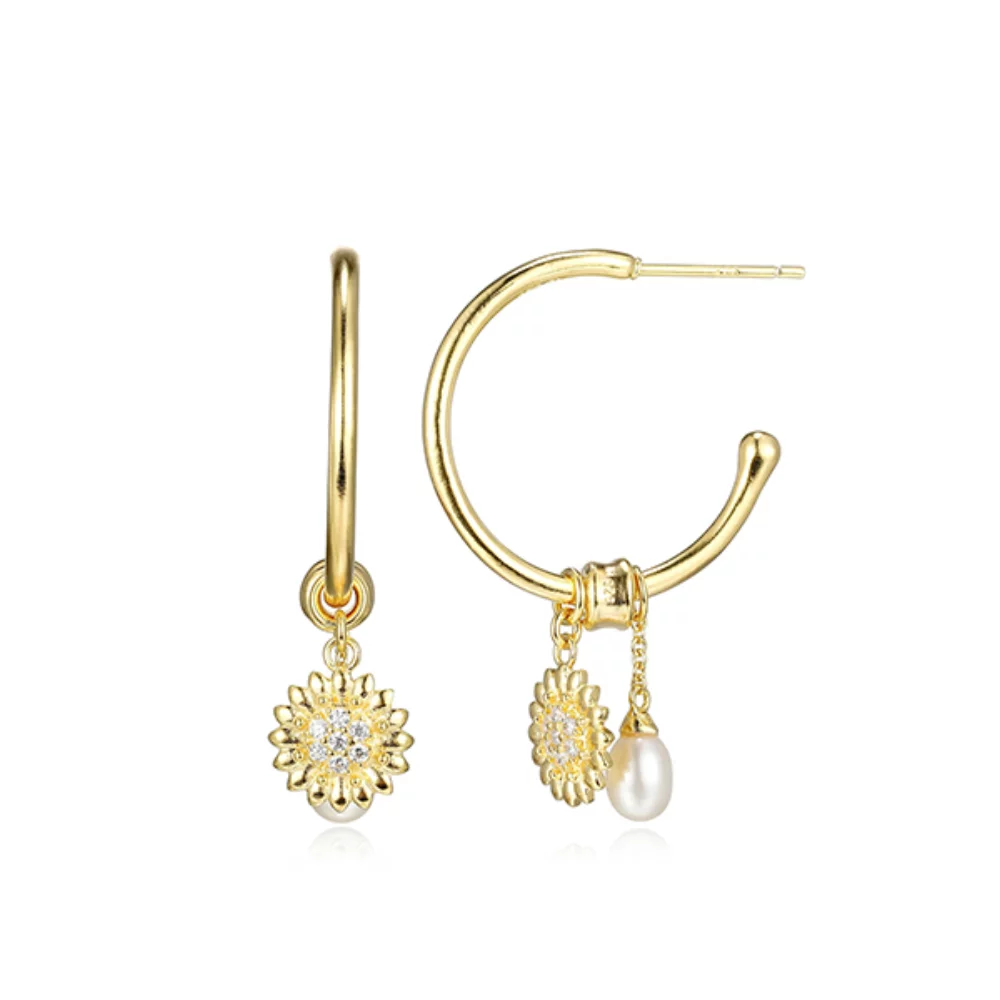 Poetic Collection 22mm Diamondlite CZ and Pearl Flower Medallion Earrings - Gold