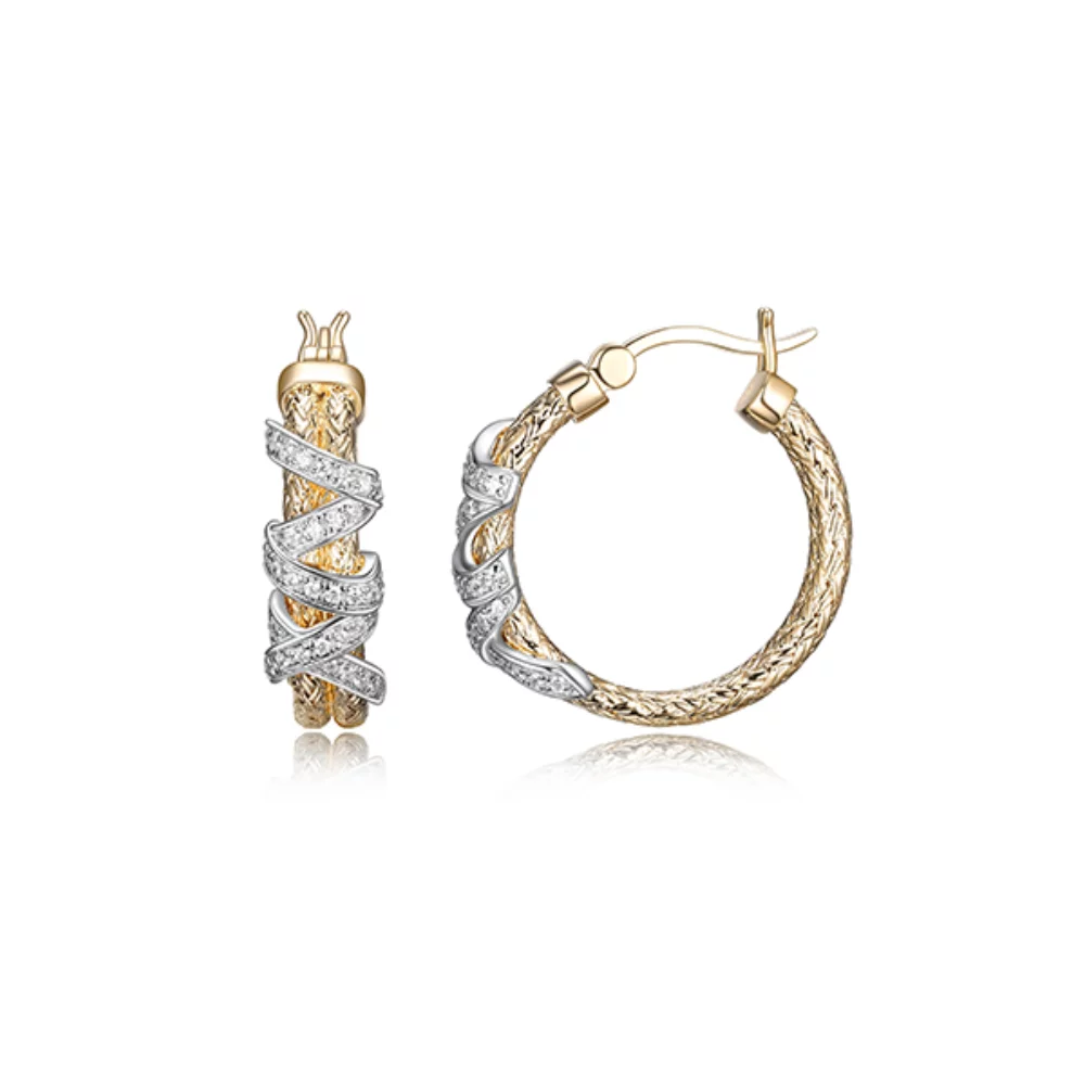 Charles Garnier Sterling Silver "Interlink" Woven Tube with CZ Hoop Earrings - Silver and Gold