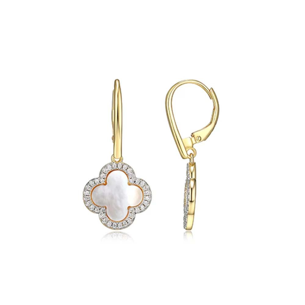 Boucles d'oreilles Charles Garnier en argent sterling "Bliss" avec nacre et zirconium en forme de trèfle - Or