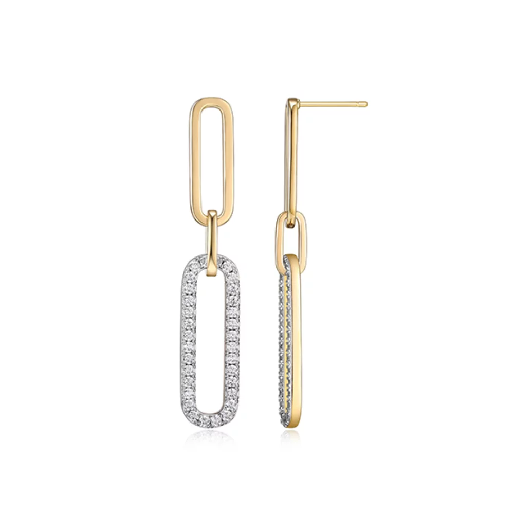 Charles Garnier Sterling Silver "Paperclip" Link with Diamondlite CZ Stud Earrings - Gold