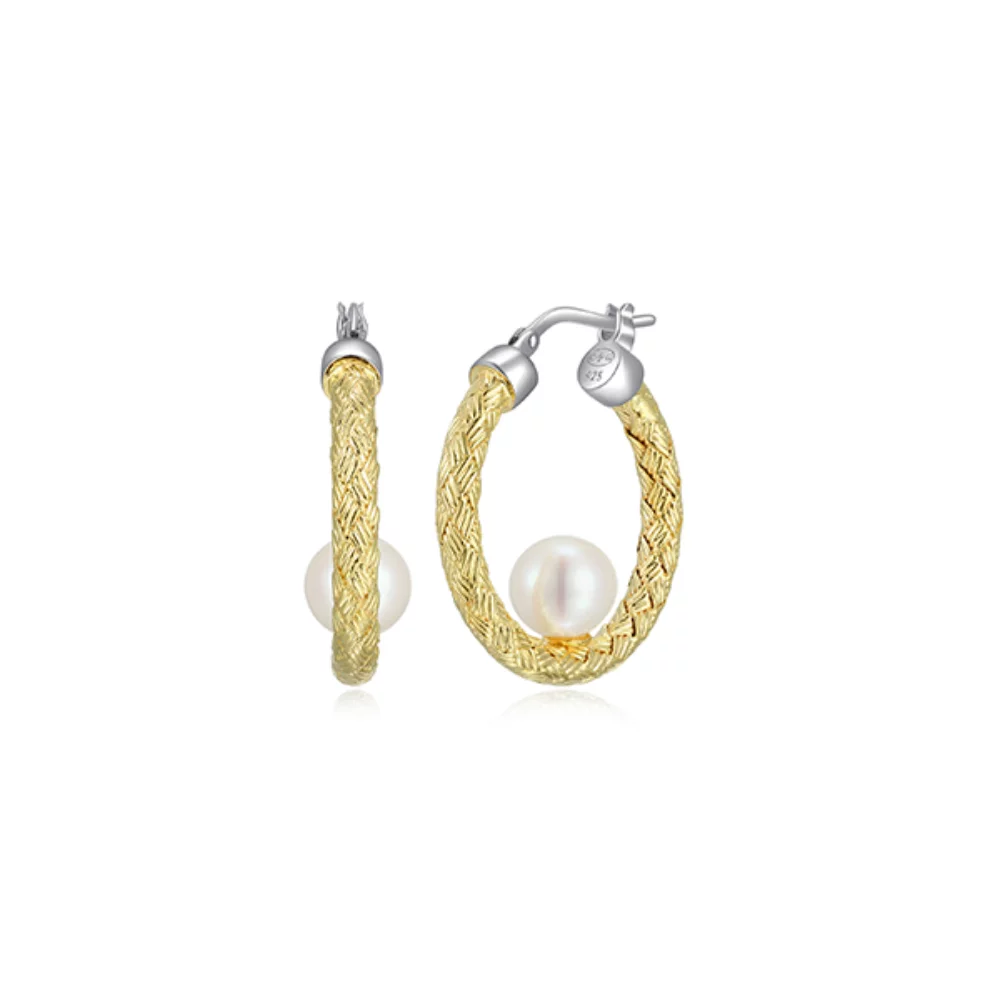 Charles Garnier Sterling Silver "Venus" White Pearl on Mesh Circle Hoop Earrings - Silver and Gold