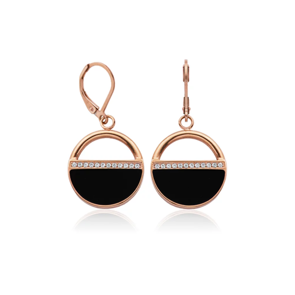 CJ Steelx Black Enamel and CZ Open Disc Earrings - Rose Gold