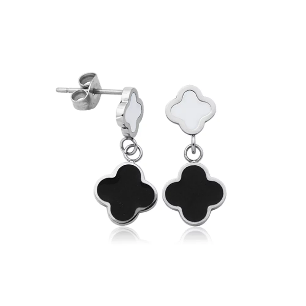 CJ Steelx Clover Stainless Steel Earring with Black Enamel