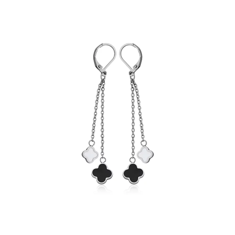 CJ Steelx Clover Dangle Stainless Steel Earring with Black and White Enamel