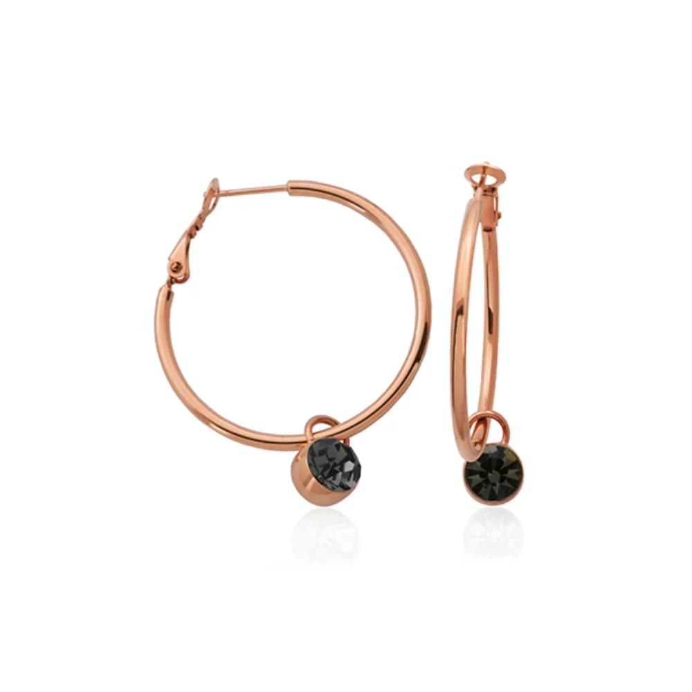 CJ Steelx IP Rose 35mm Stainless Steel Hoop Earring with Removable Black Swarovski Crystal Charm