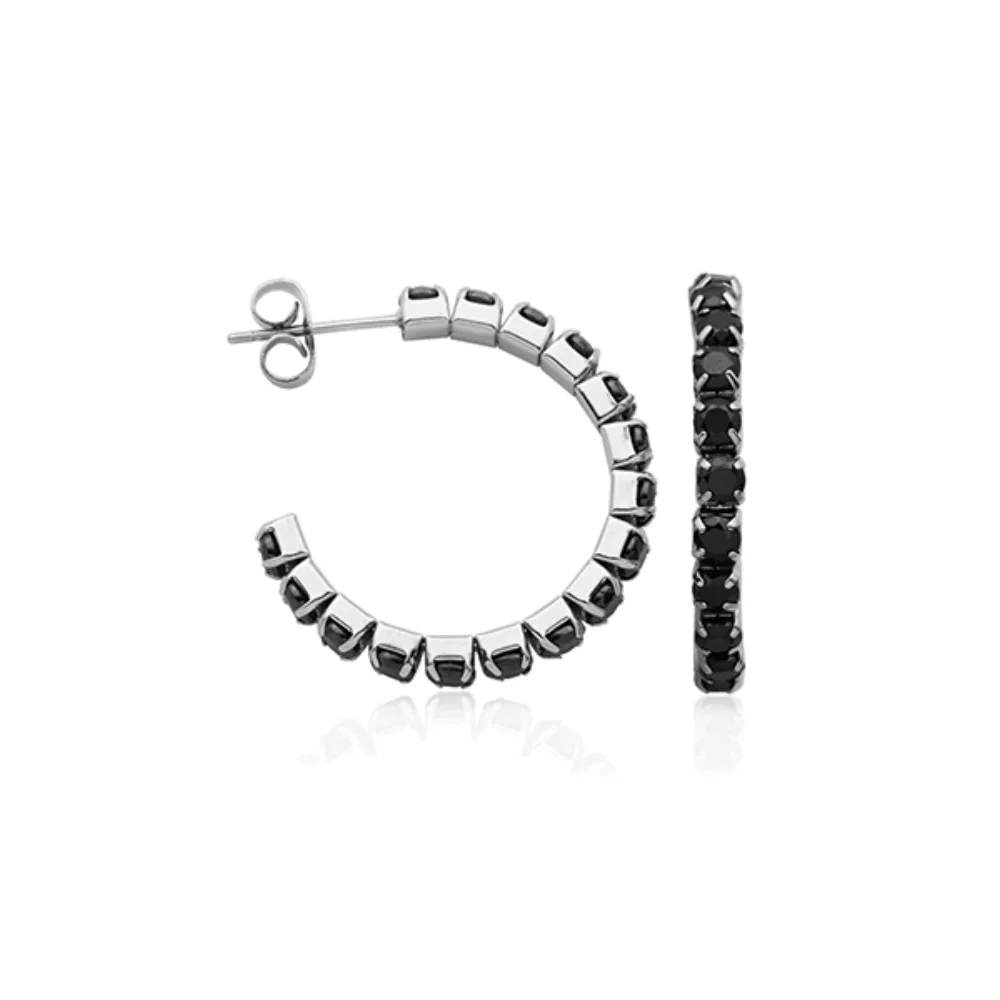 Boucles d'oreilles créoles CJ Steelx 26mm en zircon noir - argent