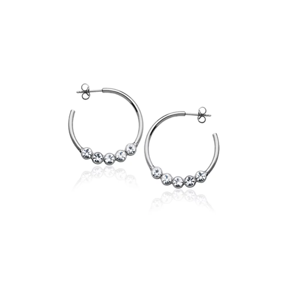 CJ Steelx 30mm Round Bezel Crystal Hoop Earrings - Silver