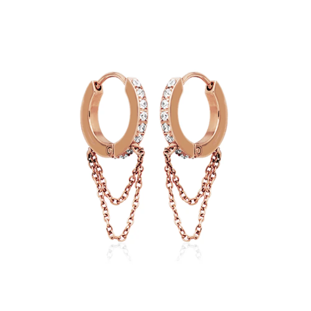 CJ Steelx 14.5mm CZ and Double Chain Huggie Hoop Earrings - Rose Gold