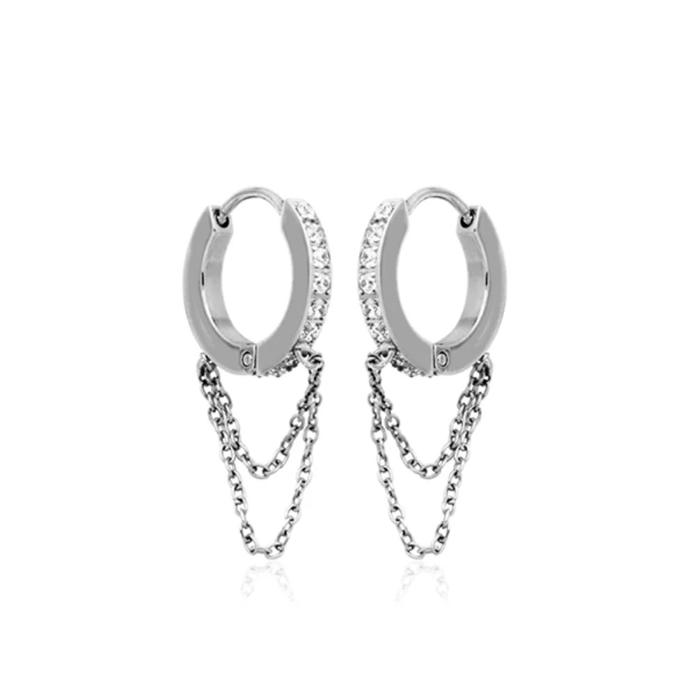 CJ Steelx 14.5mm CZ and Double Chain Huggie Hoop Earrings - Silver
