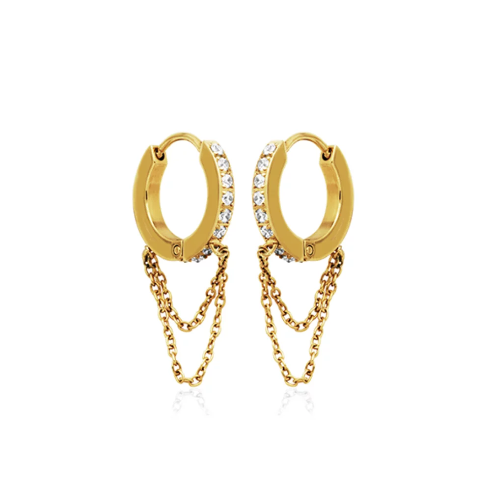 CJ Steelx 14.5mm CZ and Double Chain Huggie Hoop Earrings - Gold