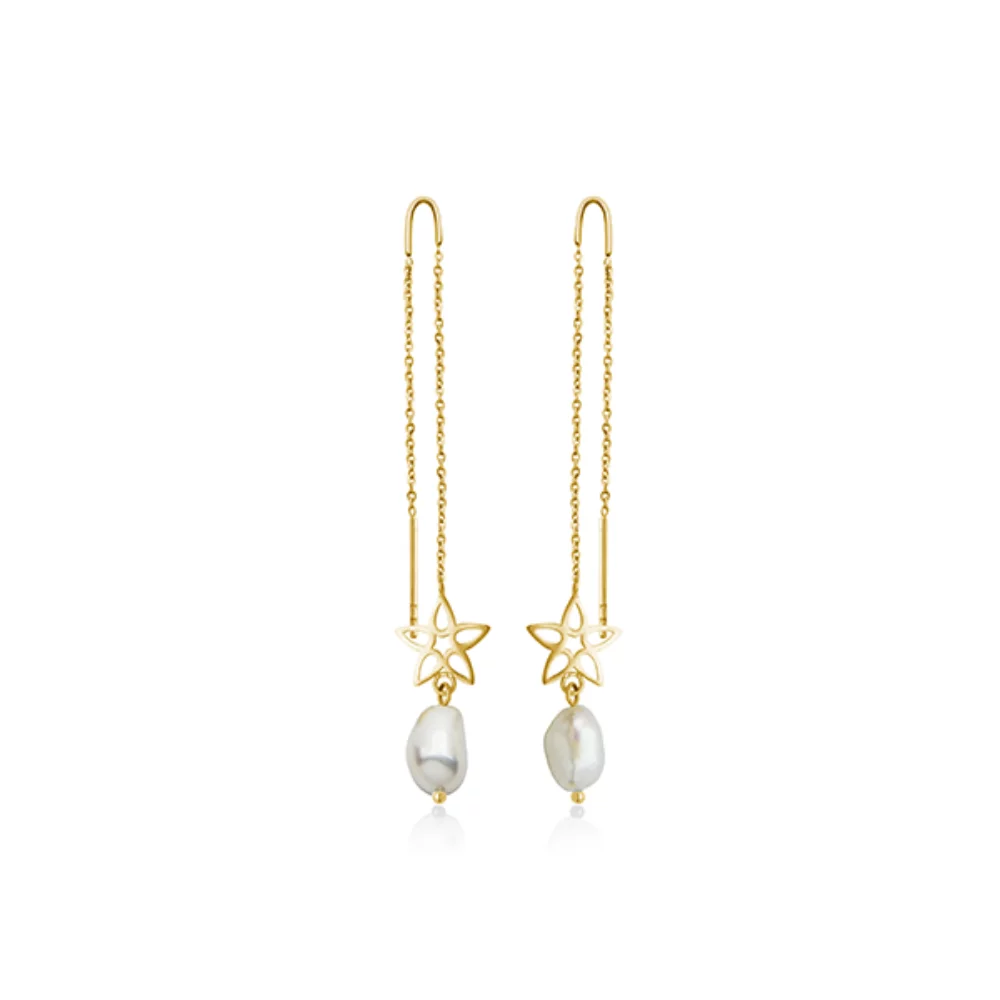 CJ Steelx Fresh Water Pearl and Flower Threader Earrings - Gold