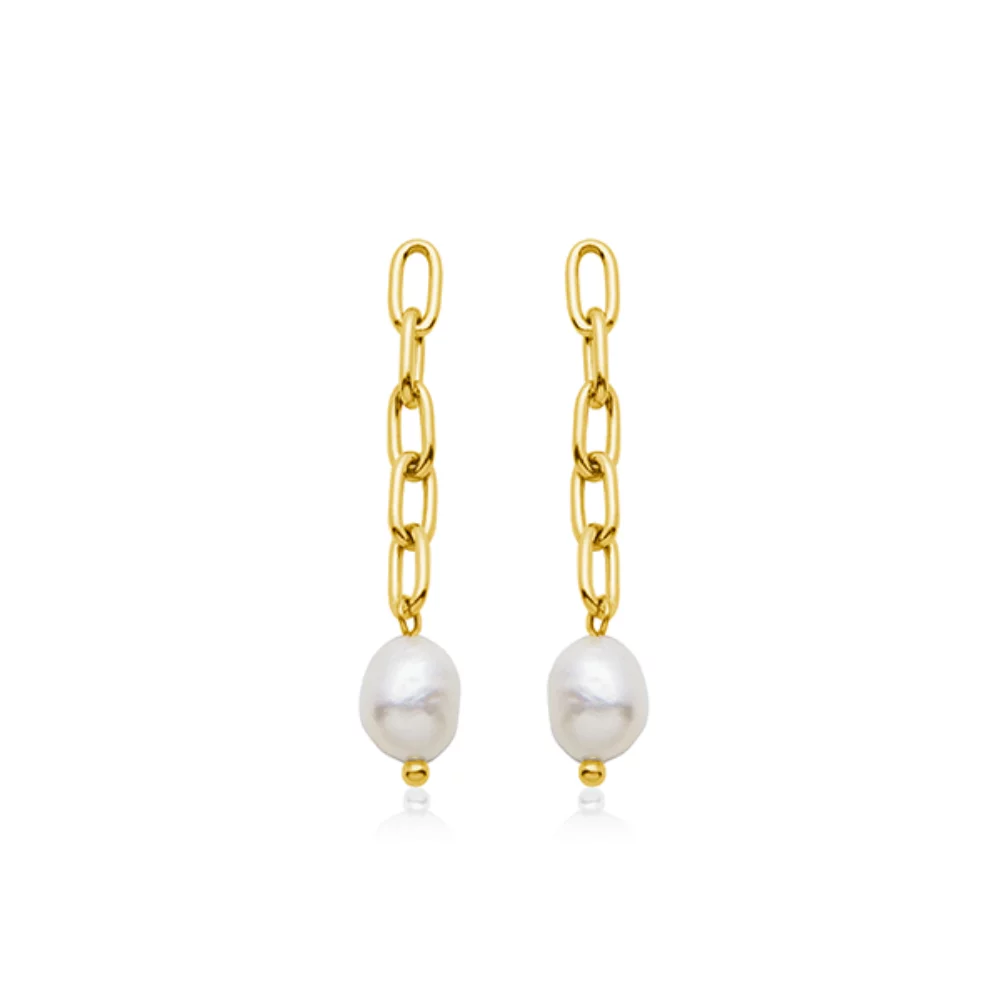 CJ Steelx Link Earrings with Fresh Water Pearl - Gold